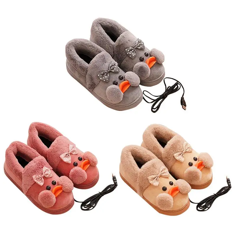 

Cute Cartoon Heating Slippers USB Electric Shoes Soft Plush Winter Supplies Charging Foot Warmer For Office Home Heated Shoes