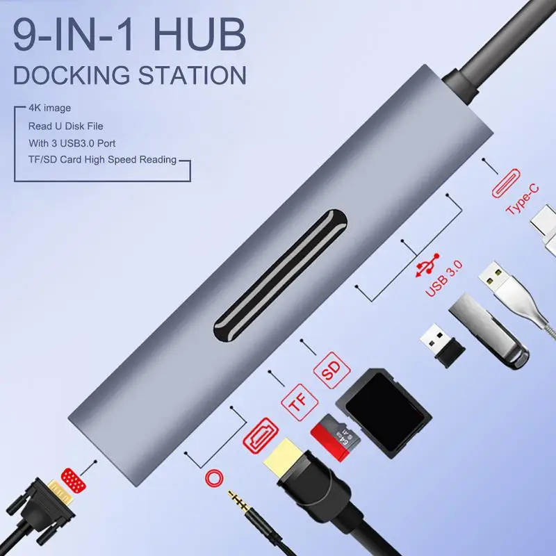 

9 in 1 Docking Station Type C to HDMI VGA 3.5mm Audio TF SD 3*USB 3.0 Port Multifunctionl Adapter 4K HDMI Adapter For Macbook PC