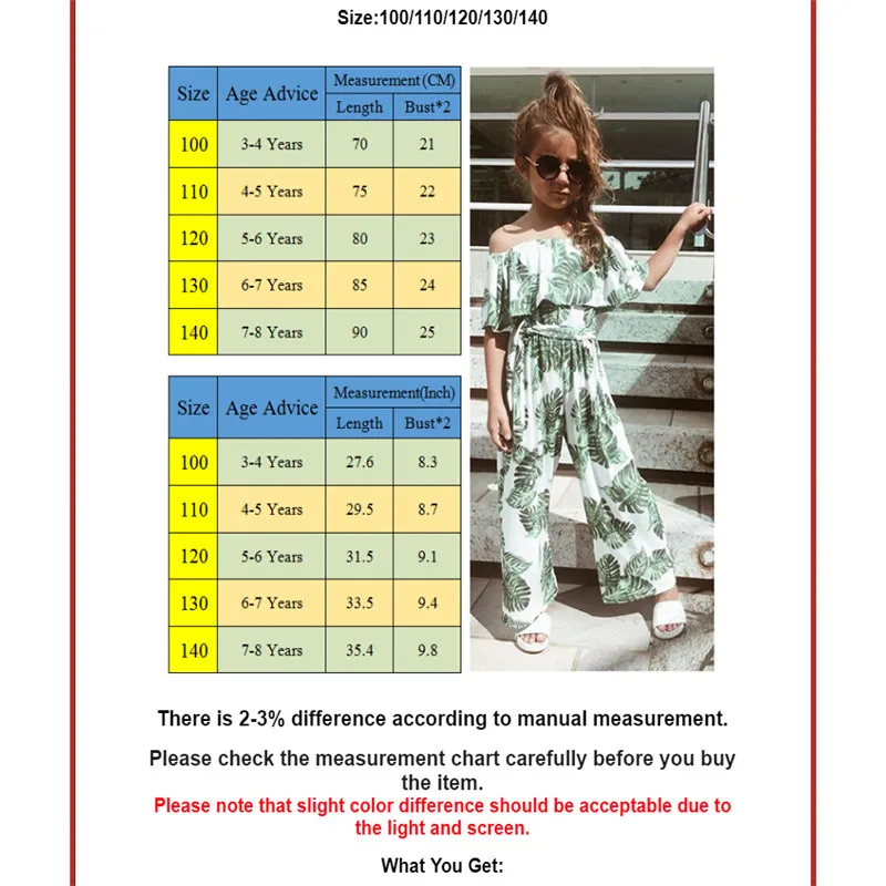 Летняя одежда комбинезон с открытыми плечами и принтом листьев для маленьких девочек, широкие штаны с высокой талией пляжный костюм, От 3 до 8 лет Детский комбинезон в стиле бохо для маленьких девочек