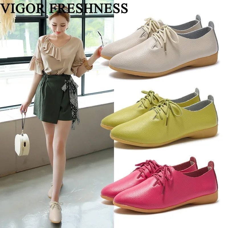 

VIGOR FRESHNESS Shoes Women Flats Spring Genuine Leather Shoes Women Autumn Shoes Oxfords Flat Heels Loafers Lace Up Brogues S78