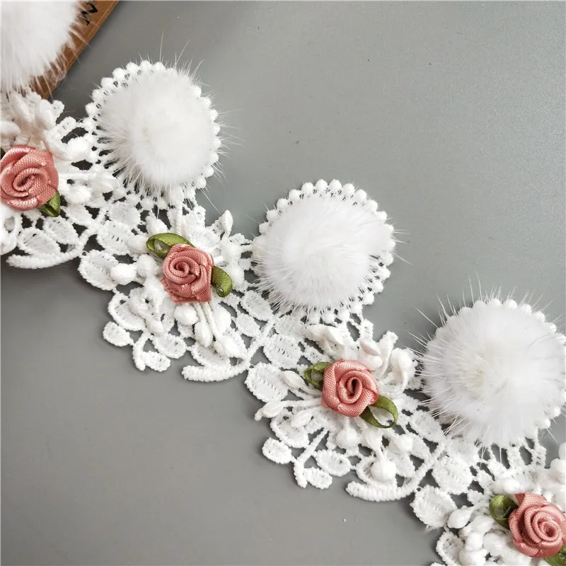 1yd Cotton White Pompom Ball Rose Flower Embroidered Lace Trim Ribbon Fabric Sewing Supplies Craft Decor DIY Handmade Materials | Дом и сад