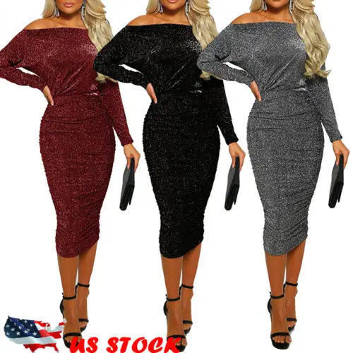 

2019 Fashion Elegant Sequins Dress Women Sexy Long Sleeve Glitter Bodycon Off Shoulder Dress Evening Party Formal Dress