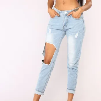 

Women 2019 New Fashion Ripped High Waist Jeans Fashion Pockets Hole Straight Denim Pants Casual Loose Trousers