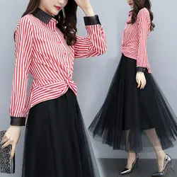 Новая весна 2019 двухсекционная Женская Полосатая Рубашка и черные юбки длинная Плиссированная юбка корейский модный костюм Топ наряд vestido