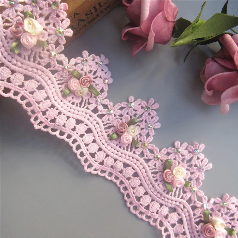 

1yd Pink Cotton Flower Diamond Pearl Embroidered Fabric Lace Trim Ribbon Handmade DIY Sewing Craft For Costume Hat Decoration