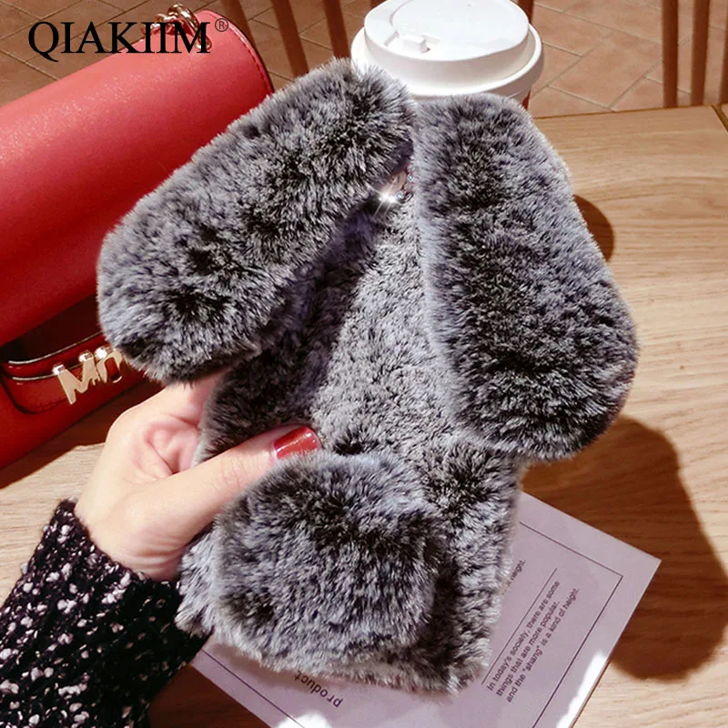 

For Huawei P10 P20 Mate 20 lite Pro V10 Nove2s 3e Honor 8X 9 10 Case 3D Rabbit Hairy Warm Fur Bling Rhinestone Plush Bunny Cover