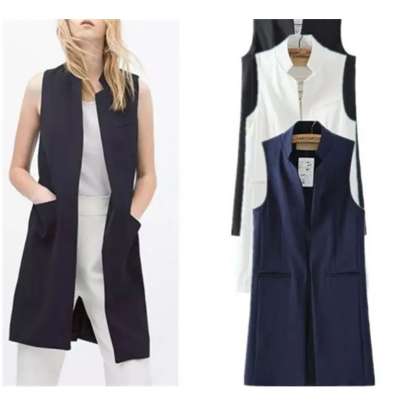 

2019 Stand Collar Blazer Casual Vest Waistcoat Women Long Suit Vest Jacket Black Pockets Office Lady Coat Female