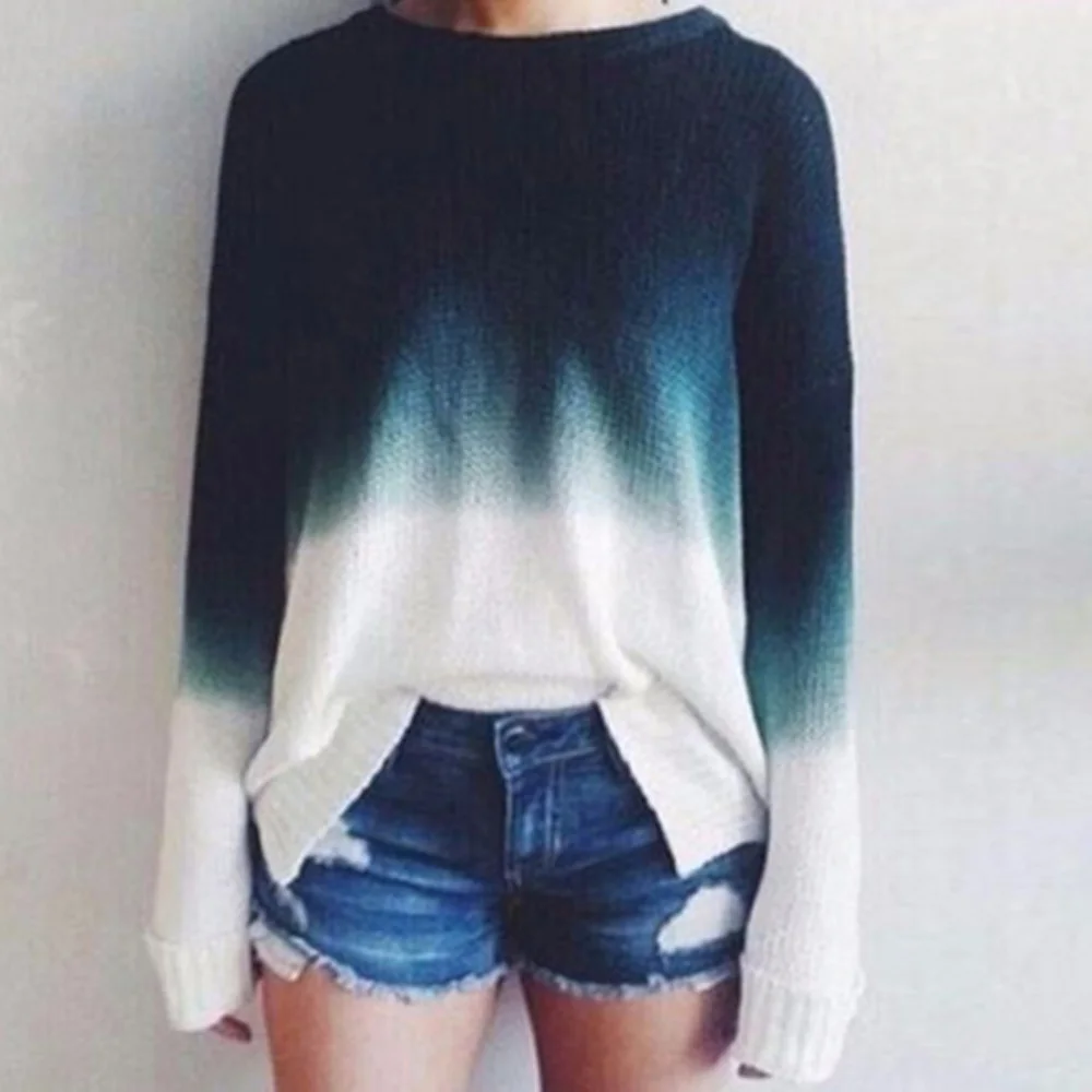 

Casual Womens Gradient Tops Knitted Sweater Crew Neck Long Sleeve Loose Spring