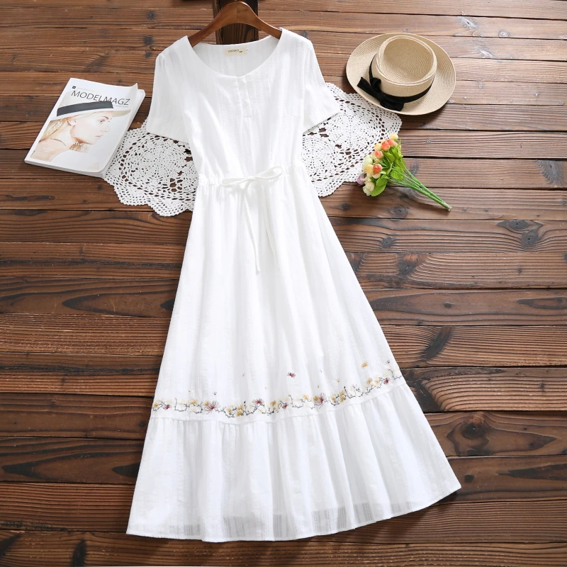 

Banulin Mori Girl Embroidery Flower Midi Dress Spring Summer White Cotton and Linen Short Sleeve Elegant Party Vestido Longo