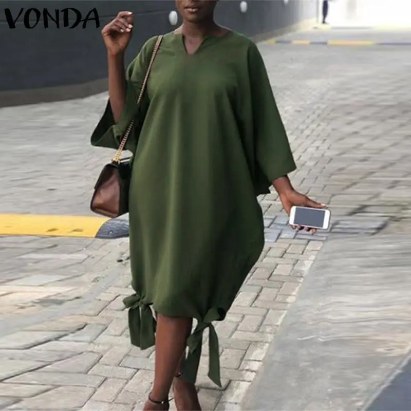 

VONDA Autumn Dress 2019 Women Sexy Dresses Casual Solid V Neck Batwing Sleeve Loose Knee-Length Vestidos Plus Size