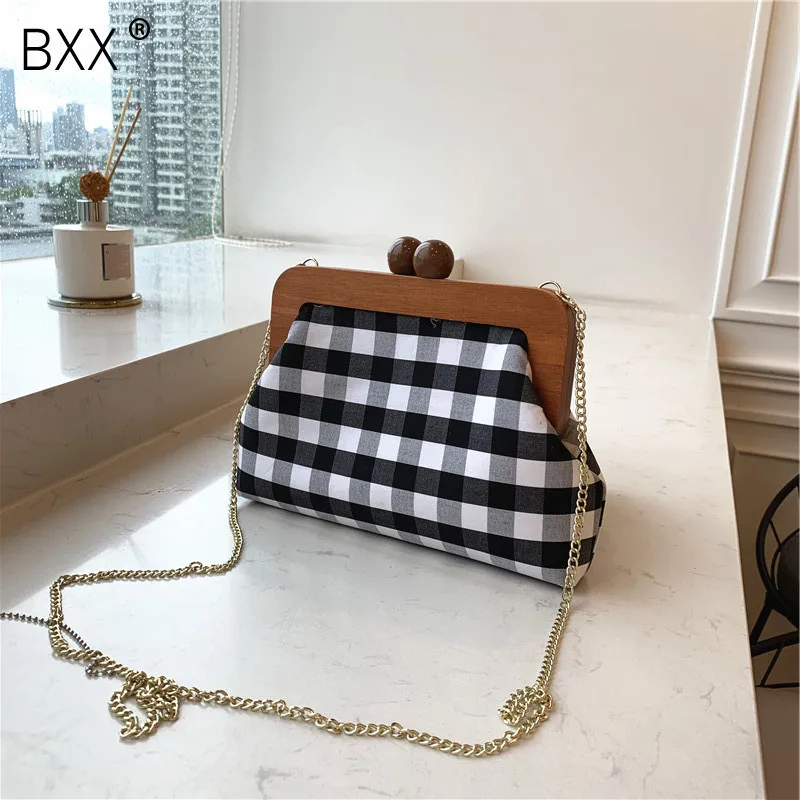 

[BXX] Women Plaid Shoulder Messenger Bag Vintage Wood Clip Bucket Bag Luxury Women Handbag Chain Evening Clutch Purse HE729