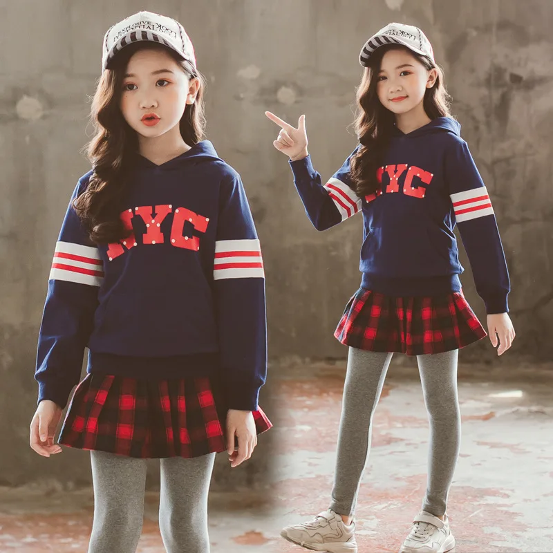 

Girls suit spring and autumn casual plaid letters children's clothing 2018 new hooded sweater + skirt pants baby clothes