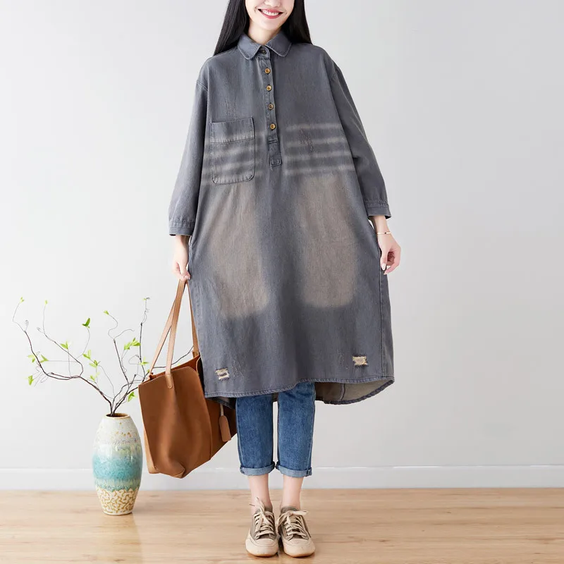 

Large size Baggy Denim Shirt Dress Women Vintage Maxi Cowboy Long Sleeve Dresses Oversized casual Jean Dress turn-down collar