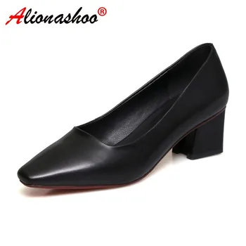 

Elegant Square Toe Mid Heels Shoes Women Genuine Leather Square Heels Fashion Slip on Ladies Shoes Office shoes Plus Size 34-41
