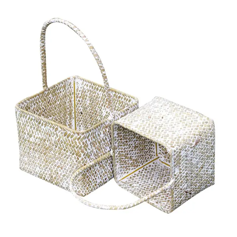 

OUNONA 2 Pcs Multifunction Handmade Grass Braided Basket Flower Pot Desktop Storage Box Woven Laundry Basket(White)