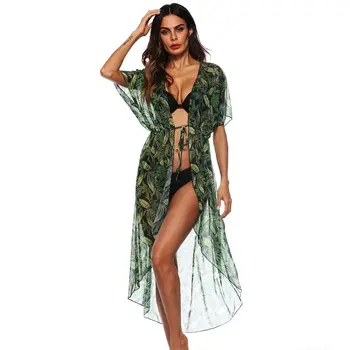 

2019 New Bikini Cover Up Chiffon Green Banana Leaf Print Beach Shirt Sexy Sunscreen Cardigan Holiday Skirt Cover Up