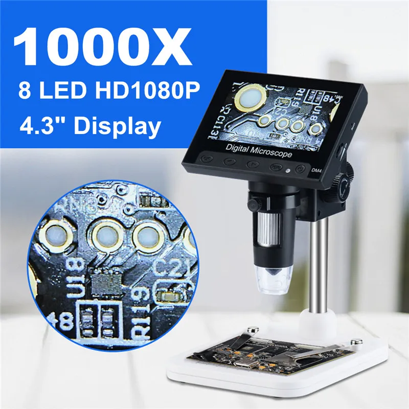 DM4 1000x 2.0MP USB Digital Electronic Microscope 4.3LCD Display VGA Microscope with 8LED and Stent DM4 1000x 2.0MP USB Digital Electronic Microscope 4.3LCD Display VGA Microscope with 8LED and Stent