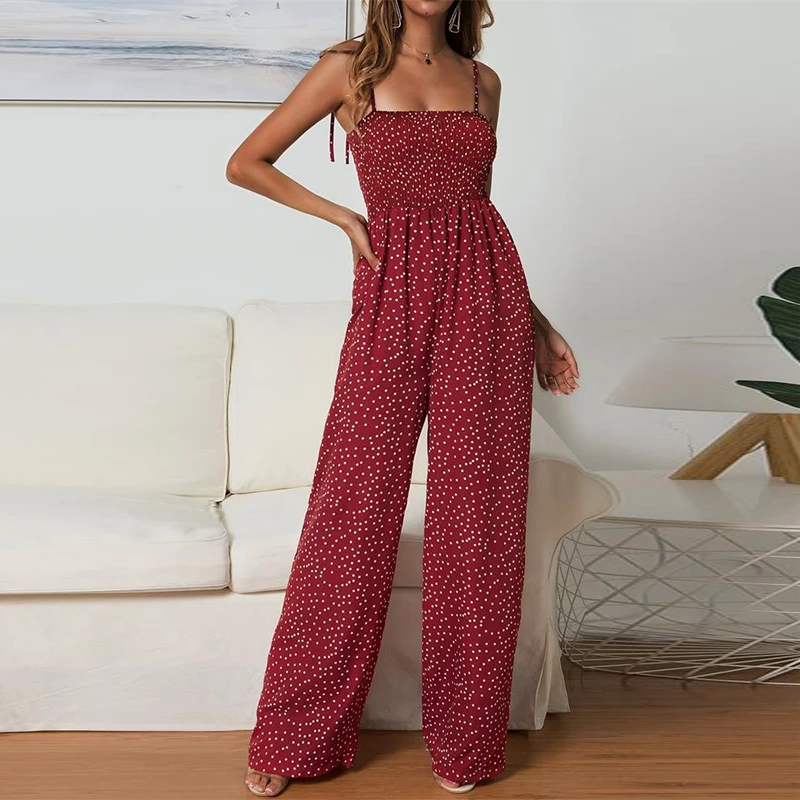 

2019 Playsuits Polka Dot Strappy For Women New Fashion Summer Sexy Backless Wide Leg Pants Rompers Ladies Casual Long Jumpsuits