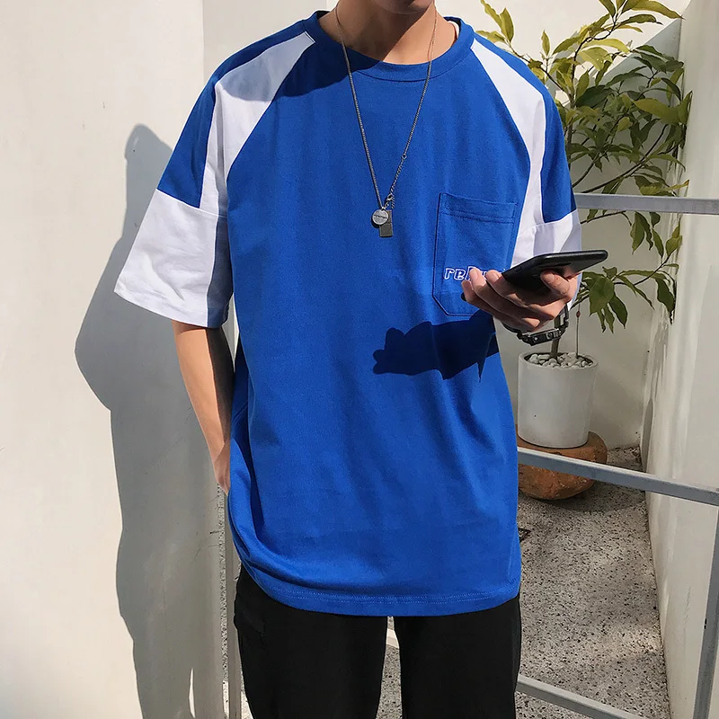 

Men's T-shirt 2019 summer new monogrammed short sleeve plain color patchwork loose-lapel T-shirt personality casual men's wear