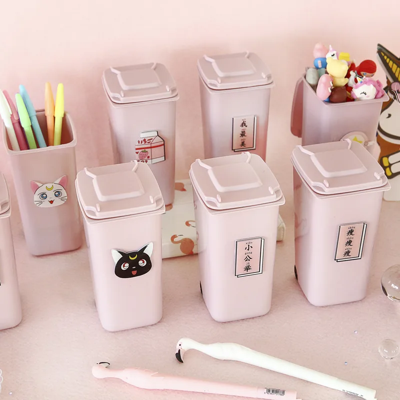 

Original Trash Can Pink Girl Heart Pen Box Multi-function Small Barrel Pen Case Cute Shape Office Accessories Storage Assistant