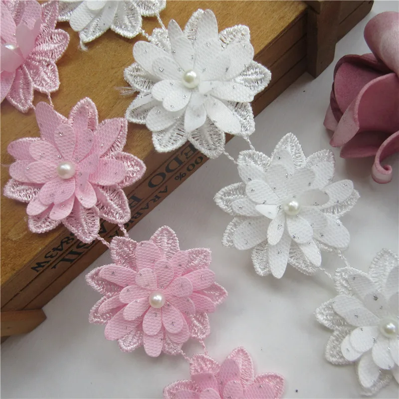 Cinta de encaje bordada de flores de perlas de poliéster blanco y rosa,  tela hecha a mano, vestido de novia, costura artesanal, 1 yarda|Encaje| -  AliExpress