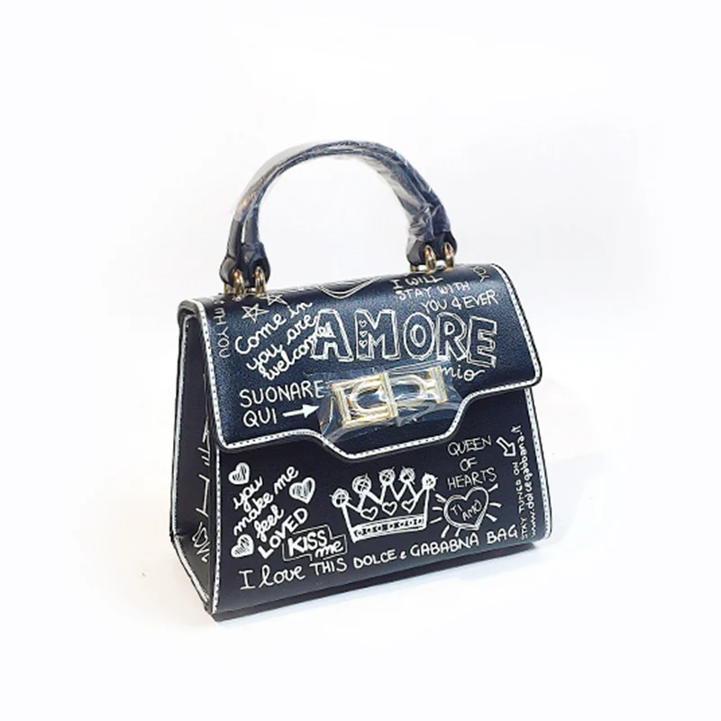 

[Super Seabob]2019 Spring Summer Woman Personality New Black Color Spliced Print Pattern PU Leather Shoulder Bag All Match LM330