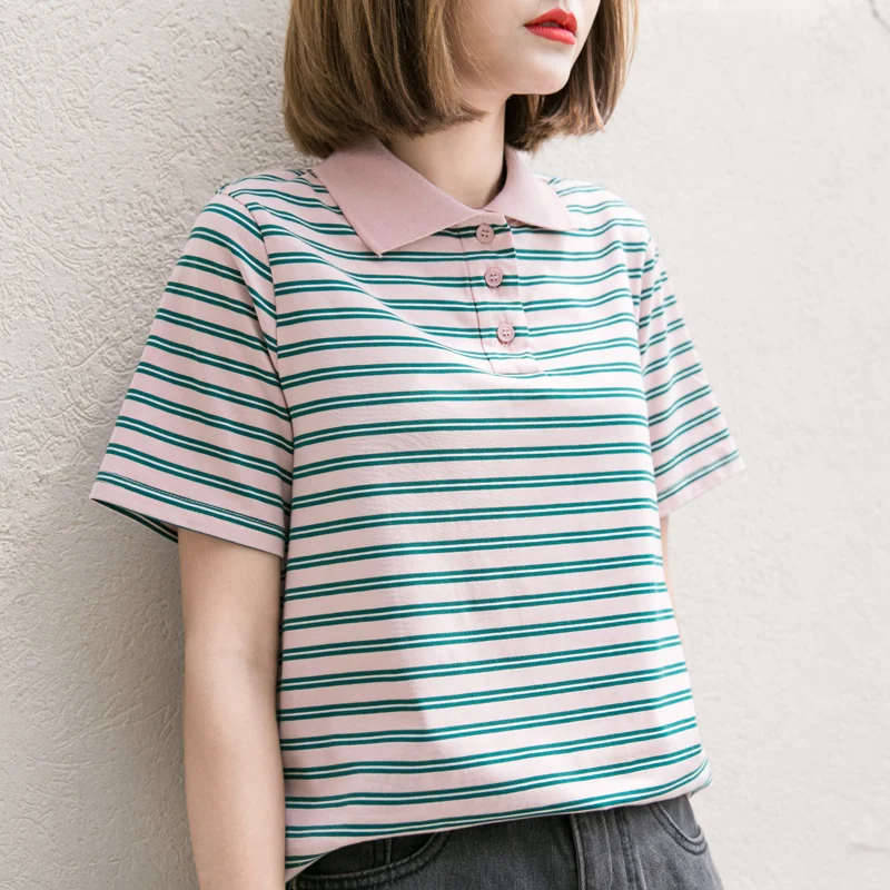 

Harajuku Striped Female T-shirt Loose Casual Wild Turn-down Collar Short Sleeve Women Tees Korean Women Tops Camisetas Mujer