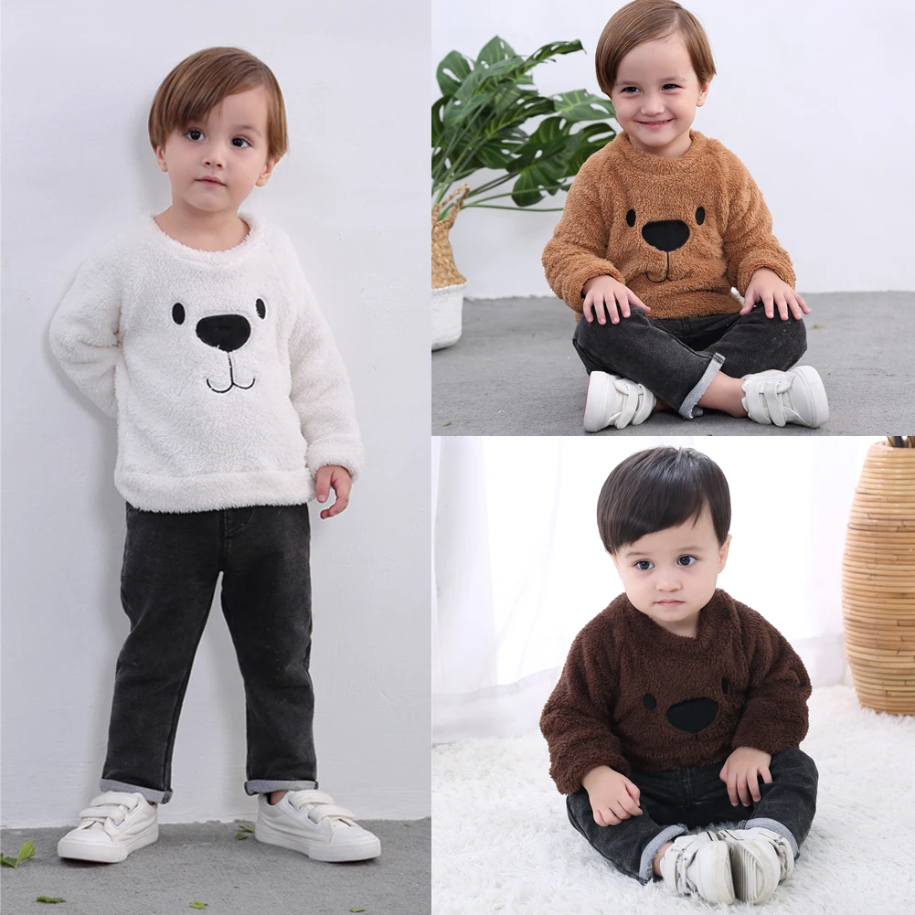 

2019 New Cute Bear Kids Baby Girl Boy Plus Velvet Bear Top Blouse Sweater Sweatshirt Thick Warm Clothes 1-5T