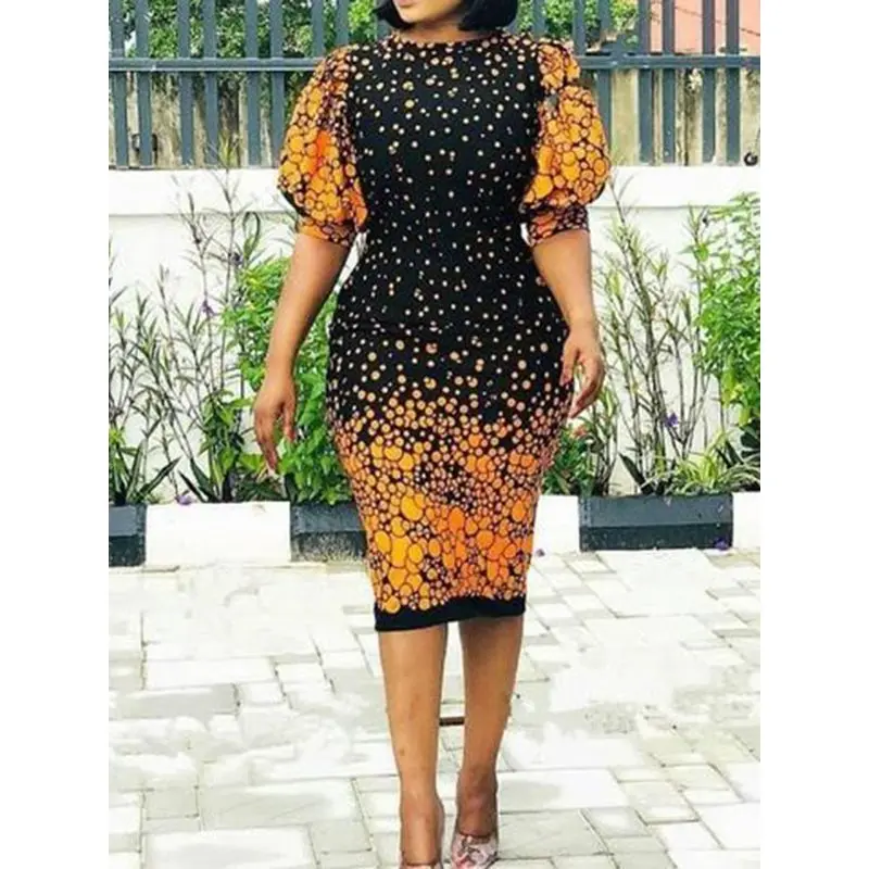 

Sexy Club Women Dresses Casual Elegant Office Lady Black Punk High Street Bodycon Lantern Sleeve Beading Print Female Dress