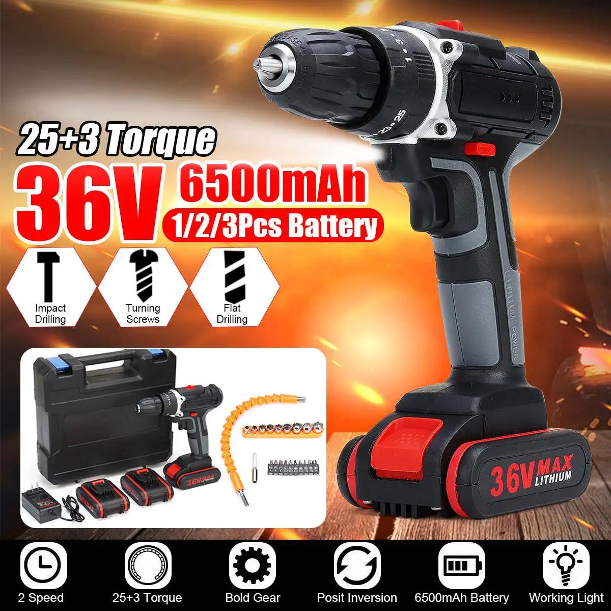 

36V 6500mAh Cordless Handheld Power Drill Electric Screwdriver Drills 1/2/3Pcs Battery Wood Drilling Tool 2 Speed Variations