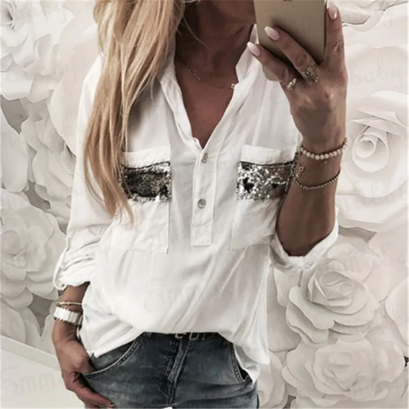 

Fashion Ladies Casual Tops V Neck Shirt New 2018 Women Summer Loose Long Sleeve Sequins Pocket Top Blouse Ladies OL Office Shirt