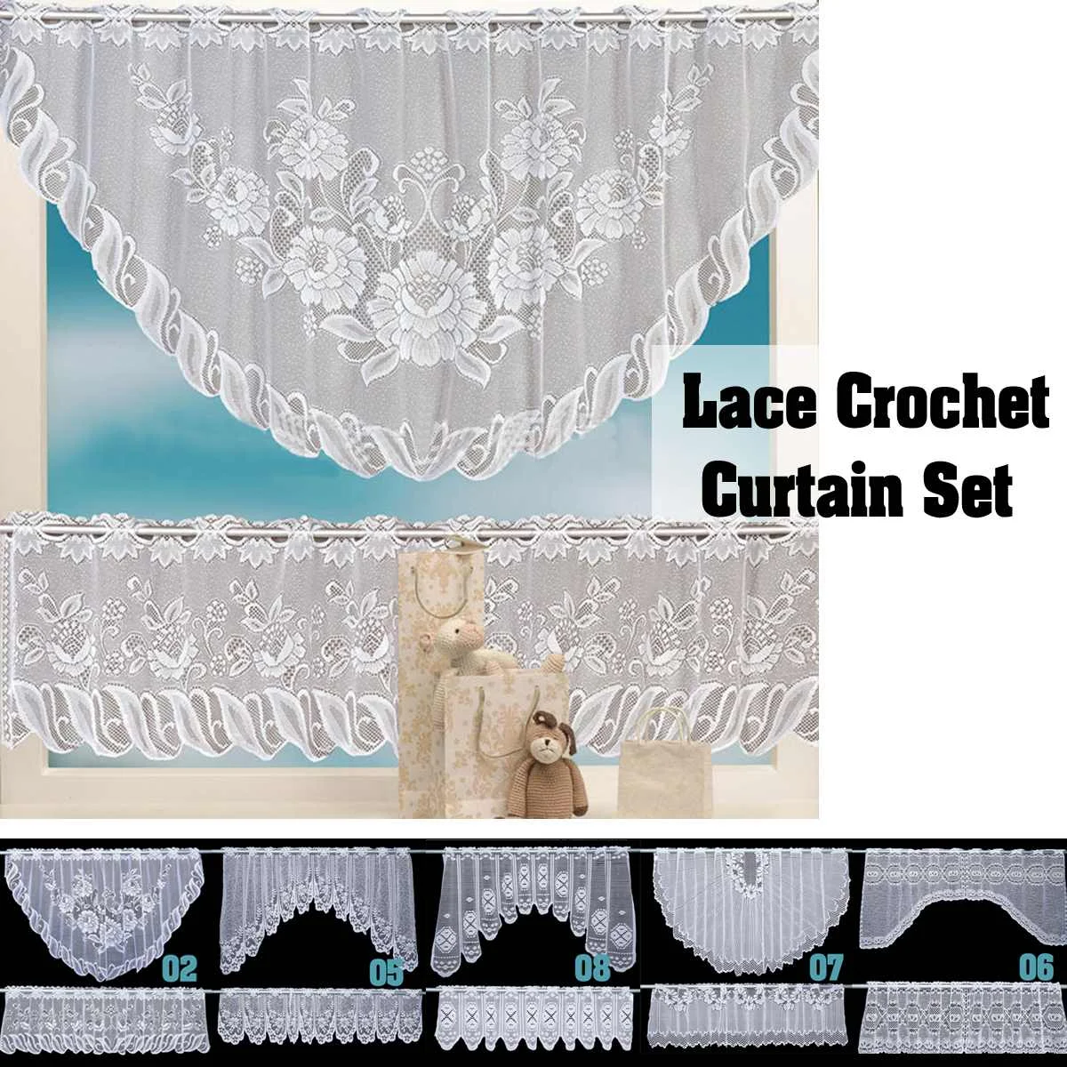 

2Pcs Set Upper+Lower Elegant Lace Crochet Curtain Door Window Tier Divider Drape Tulle for Kitchen Living Room Cafe Home Decor