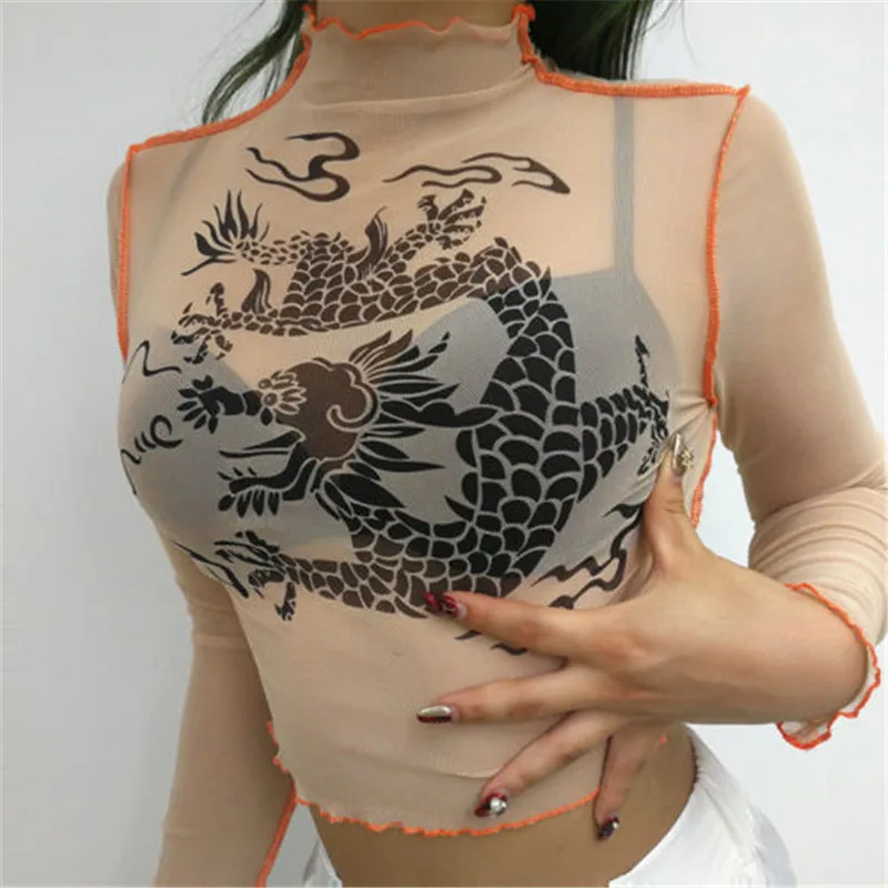 

hirigin New Fashion Women Mesh Sheer See-through T-shirt Clubwear Chinese Dragon Print Long Sleeve T-shirt Crop Tops Outwear Hot