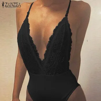

ZANZEA Summer Fashion Sexy Rompers Women Jumpsuit Deep V Neck Sleeveless Spaghetti Strap Backless Playsuits Lace Solid Bodysuits