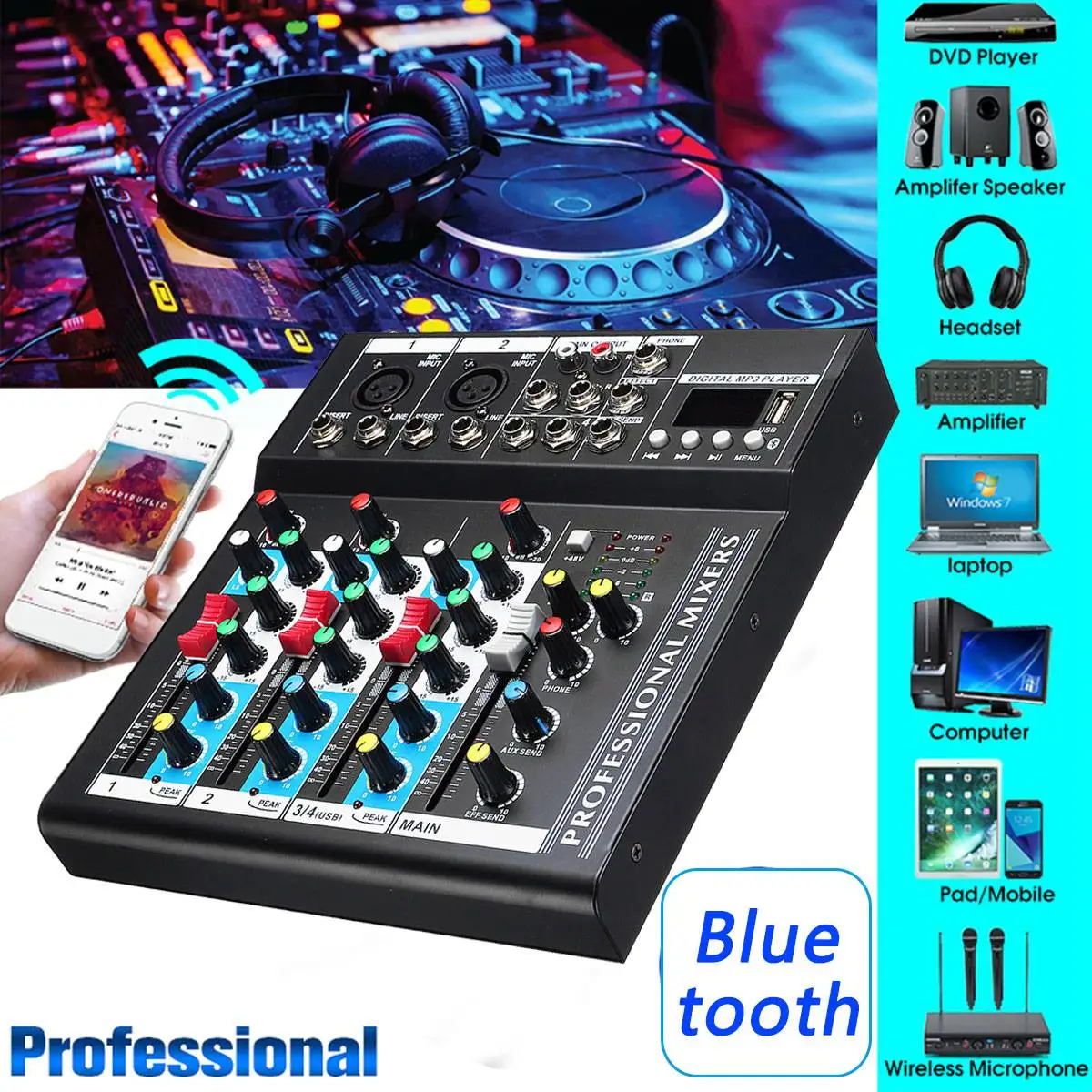 

4 Channel 48V USB Portable DJ Mixer bluetooth Live Studio Audio Sound Mixing Console Controller For Karaoke KTV Match Party DVD