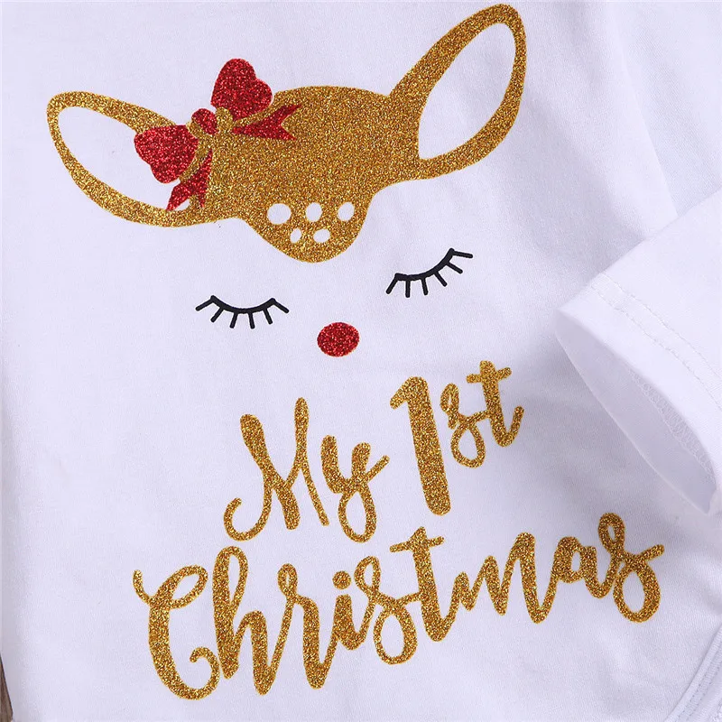 Рождественская Одежда для новорожденных от 0 до 24 месяцев Детские топы с рисунком оленя для девочек, штаны наряд с блестками Милые вечерние костюмы принцессы на Рождество