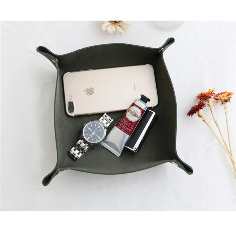 Foldable Leather Bedside Storage Organizer Valet Tray Key Wallet Coin Storage Box Decorin