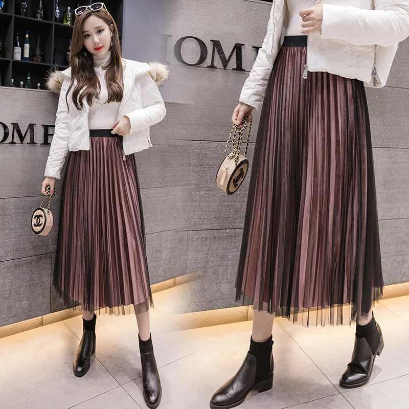 Винтажная плиссированная юбка Женская Новинка Весна pleuche сетчатые Юбки Женская мода Длинный Бархат Сращивание сетки ins супер огонь юбки