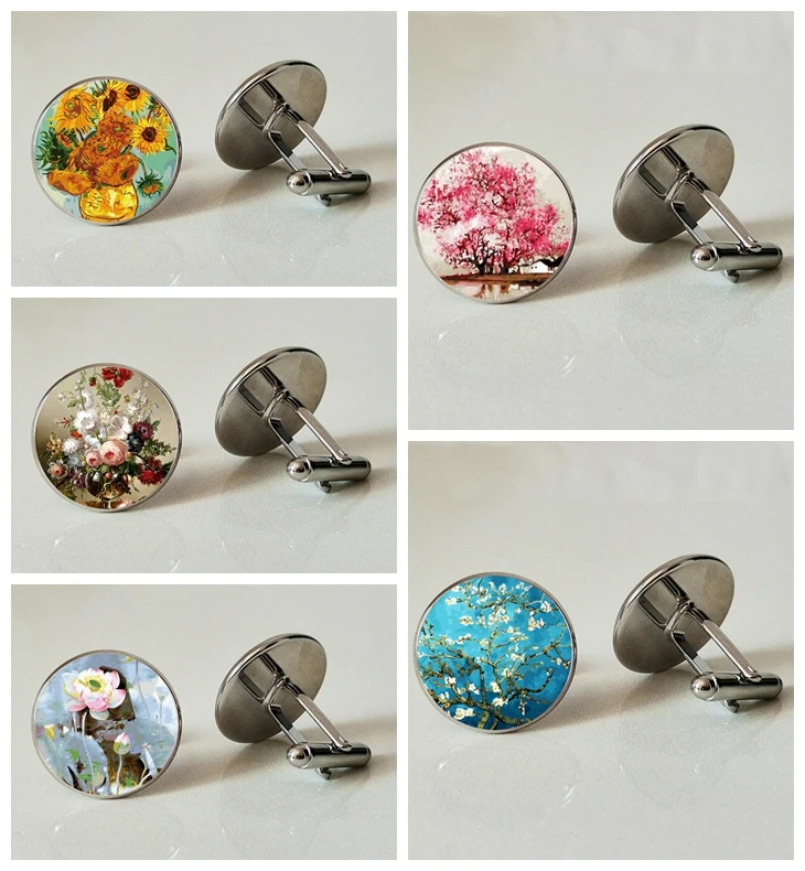 

Van Gogh Apricot Glass Cufflinks Business Shirt Cufflinks Handmade Personality Photo Cufflinks Beautiful Flower Cufflinks