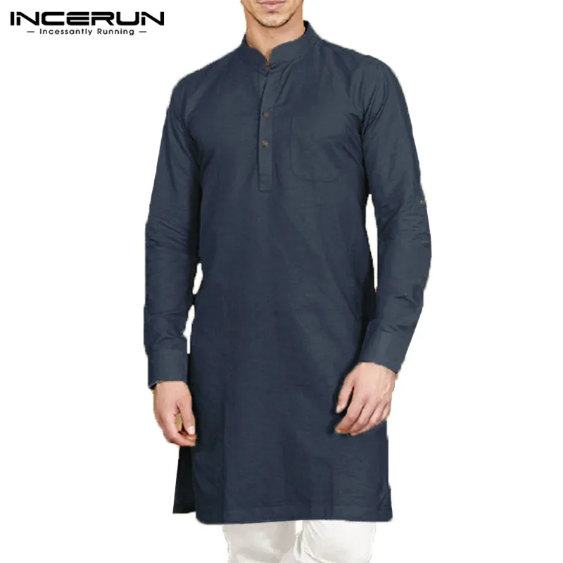 INCERUN عارضة الرجال قميص موقف طوق طويلة الأكمام زر القطن الرجال طويلة قميص الهندي كورتا دعوى بلون قمم الرجال الملابس INCERUN عارضة الرجال قميص موقف طوق طويلة الأكمام زر القطن الرجال طويلة قميص الهندي كورتا دعوى بلون قمم الرجال الملابس