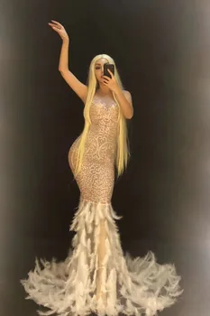 

High Quality Sparkly Beading Club Party Feathers Trumpet Dress Dj Club Party Dancer Costume