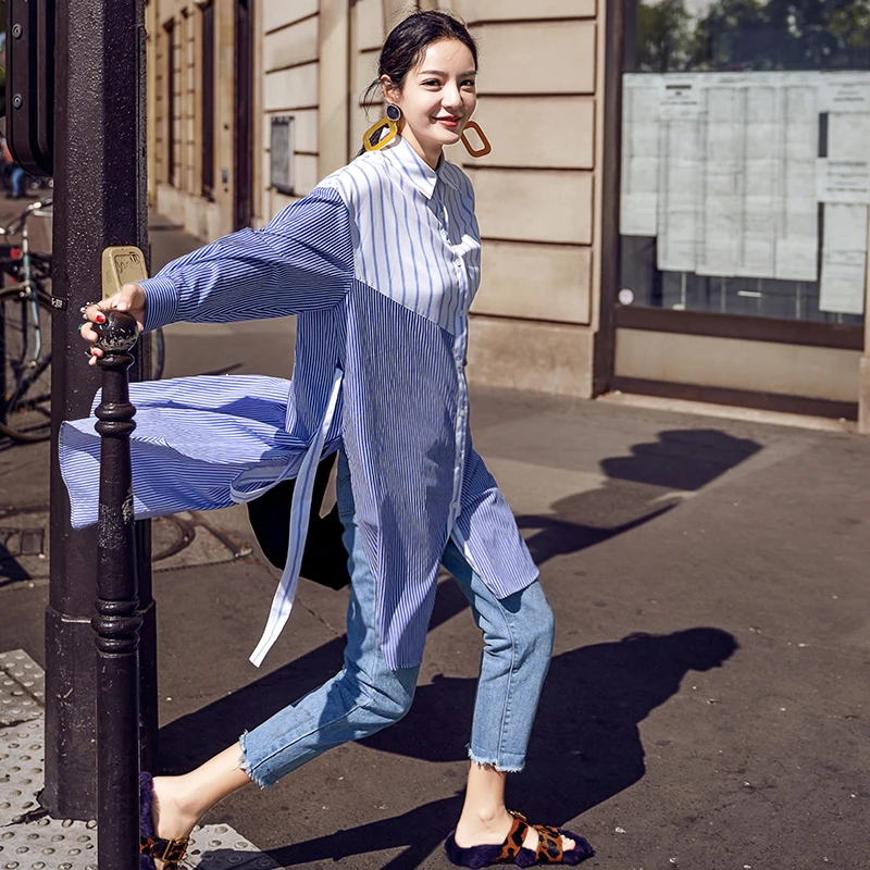 

[EWQ] 2019 Spring New Pattern Lapel Striped Patchwork Single Breasted Asymmetrical Lace Up Casual Shirt Women AE26605S
