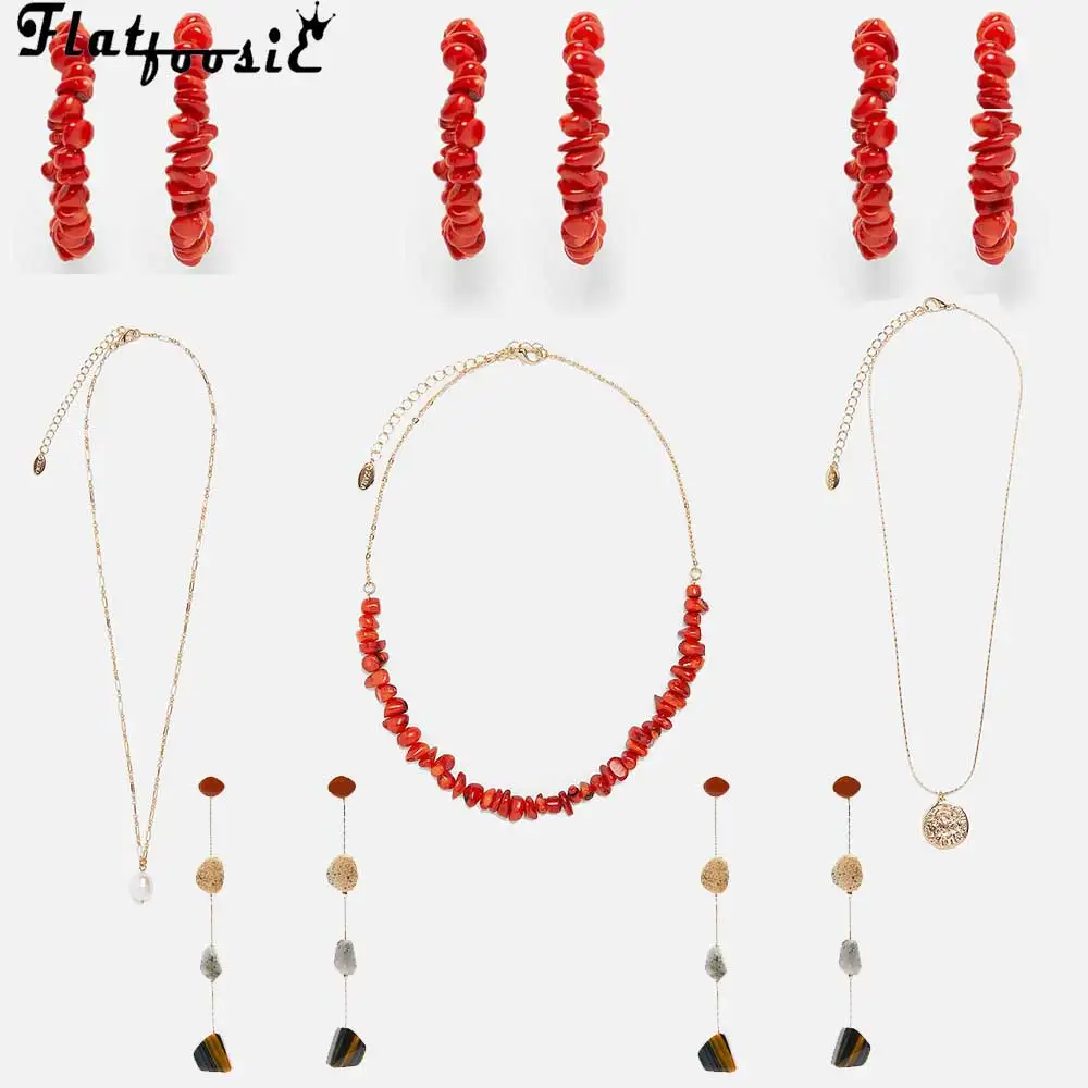 

Flatfoosie Red Stone 2019 New Spring ZA Statement necklace for Women Wedding Gift Boho Vintage Jewelry Mix Ethnic Necklace Party