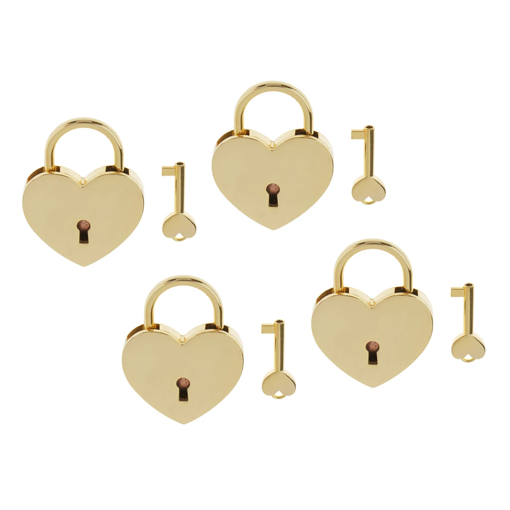 

4Pcs Retro Heart Shaped Padlock with Key Suitcase Lock Gift Golden L