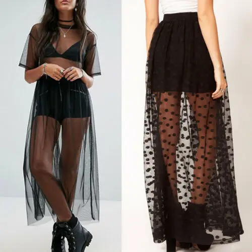 

2019 New Sexy Women See through Mesh Midi Sheer Maxi Tulle Lace Perspective Long Skirt