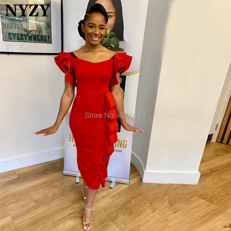 

NYZY C93 Robe Cocktail Dresses Red Satin Vintage Cap Sleeves Formal Dress for Wedding Party Evening vestido coctel 2019