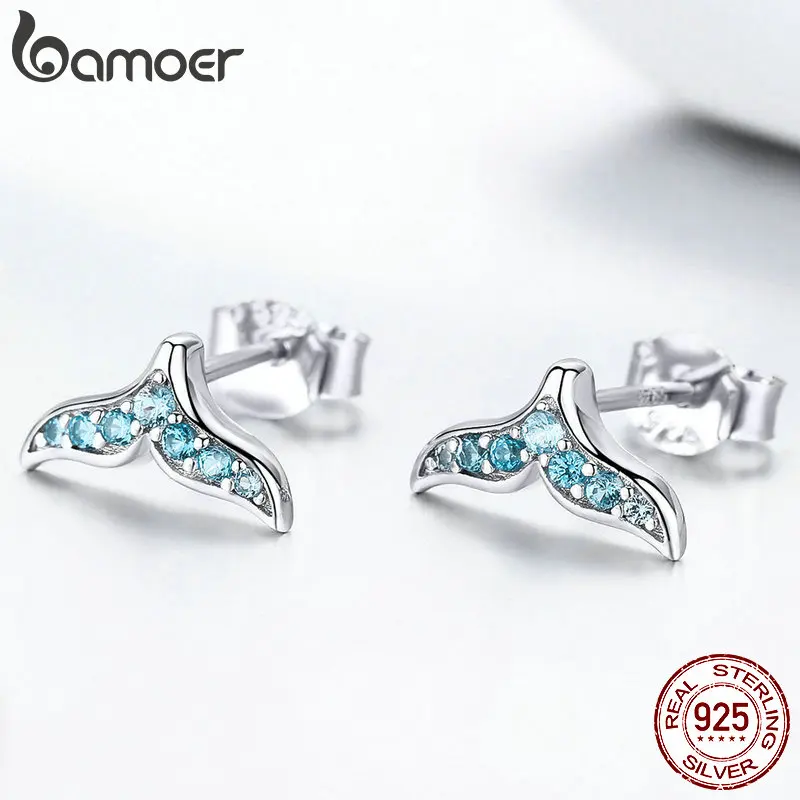 Женские маленькие серьги гвоздики BAMOER из 100% серебра 925 пробы с синим цирконием в