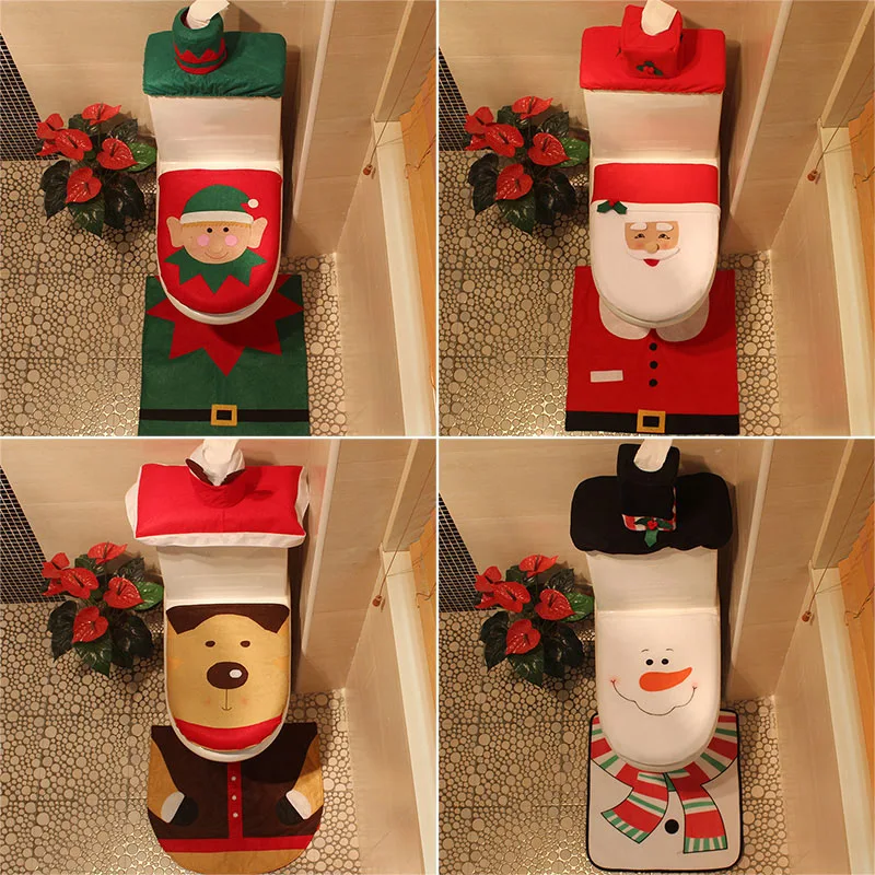 Toilet Foot Pad Seat Cover Cap Christmas Decorations Happy Santa Toilet Seat Cover and Rug Bathroom Accessory Santa Claus 3pcs