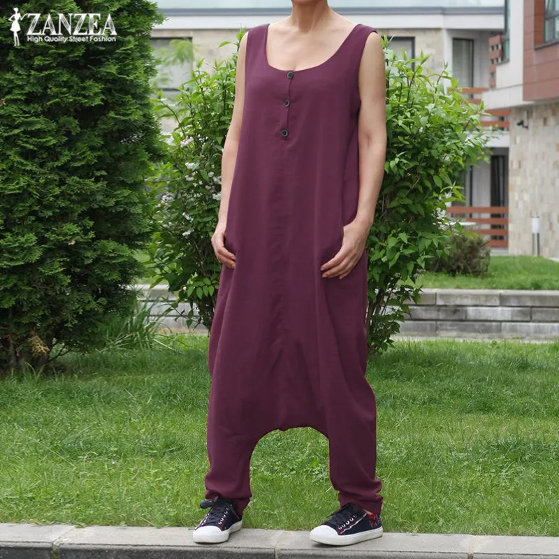 Женские комбинезоны ZANZEA размера плюс, летние брюки-карго, женские комбинезоны без рукавов, женские повседневные мешковатые Панталоны на пуговицах