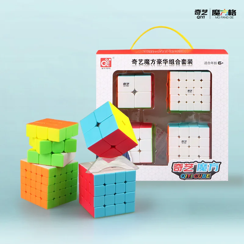 Qiyi 4 в 1 Магический кубик комплект два три четыре пять шагов набор еды цвет сплошной цвет Избегайте наклейки Начинающий 2345 шагов комплект в подарочной коробке